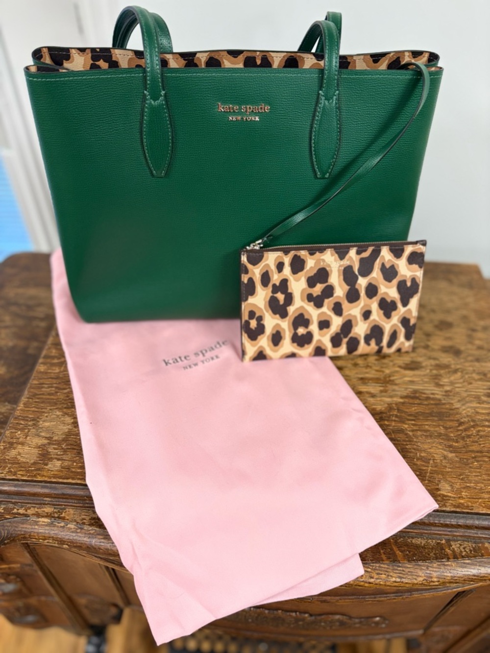 Kate Spade Emerald Green Bleecker Tote w/ Leopard print interior and Pouch